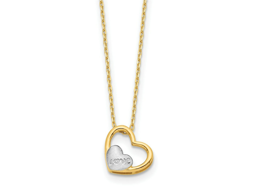 FJC Finejewelers 14 kt Yellow Gold and Rhodium Brushed and Love Heart Necklace 17 Inches x 10 mm