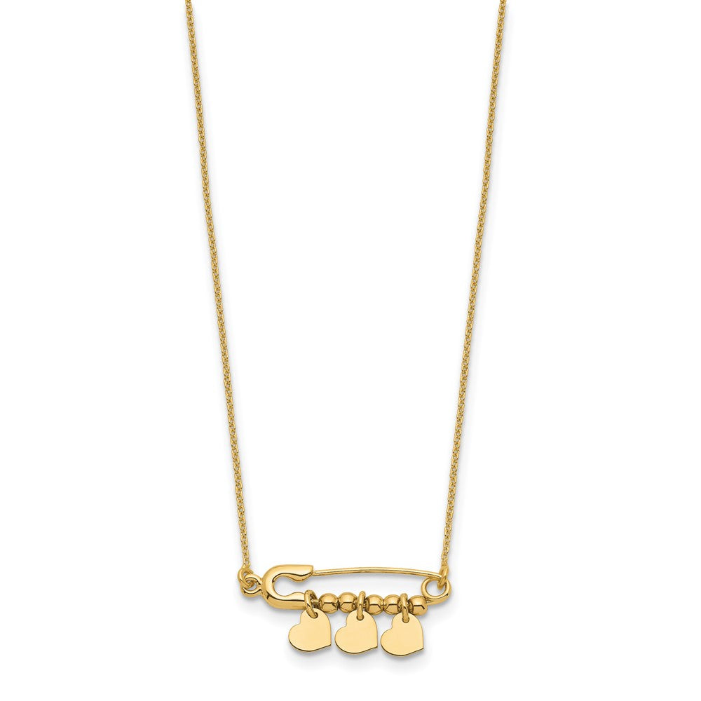 FJC Finejewelers 14 kt Yellow Gold Safety Pin with Dangle Hearts Necklace 17 Inches x 25 mm