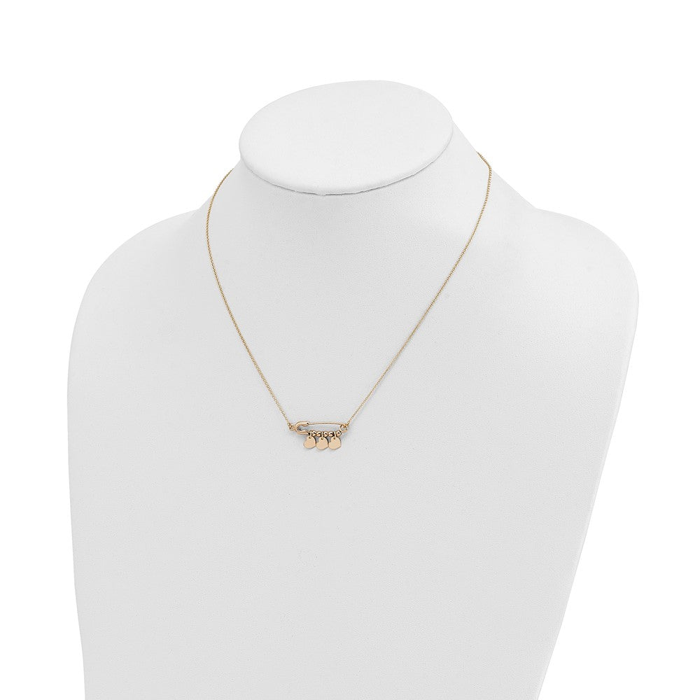 FJC Finejewelers 14 kt Yellow Gold Safety Pin with Dangle Hearts Necklace 17 Inches x 25 mm