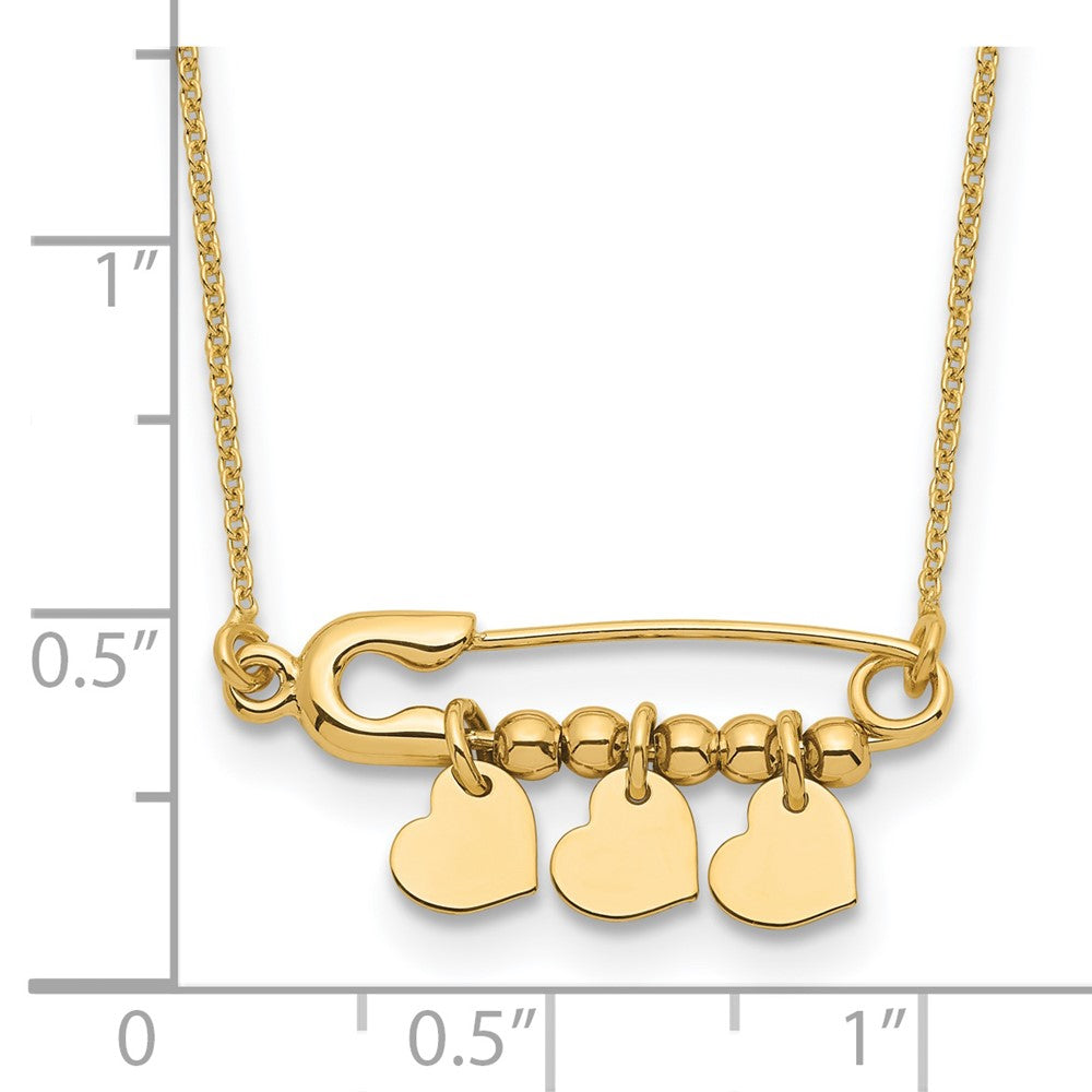 FJC Finejewelers 14 kt Yellow Gold Safety Pin with Dangle Hearts Necklace 17 Inches x 25 mm