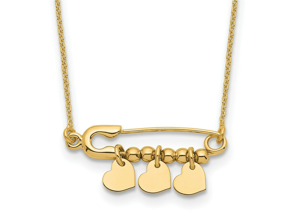 FJC Finejewelers 14 kt Yellow Gold Safety Pin with Dangle Hearts Necklace 17 Inches x 25 mm