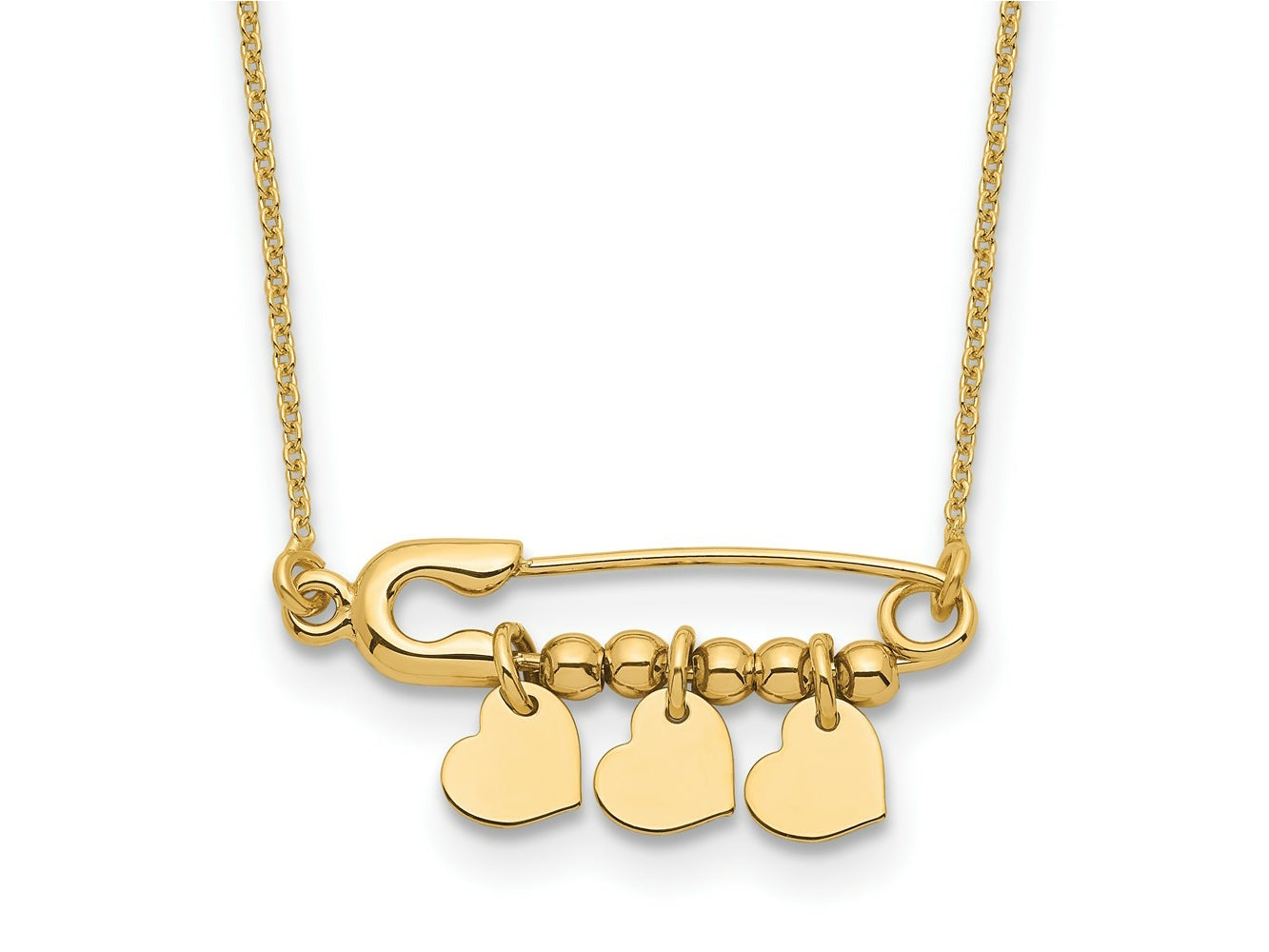 FJC Finejewelers 14 kt Yellow Gold Safety Pin with Dangle Hearts Necklace 17 Inches x 25 mm