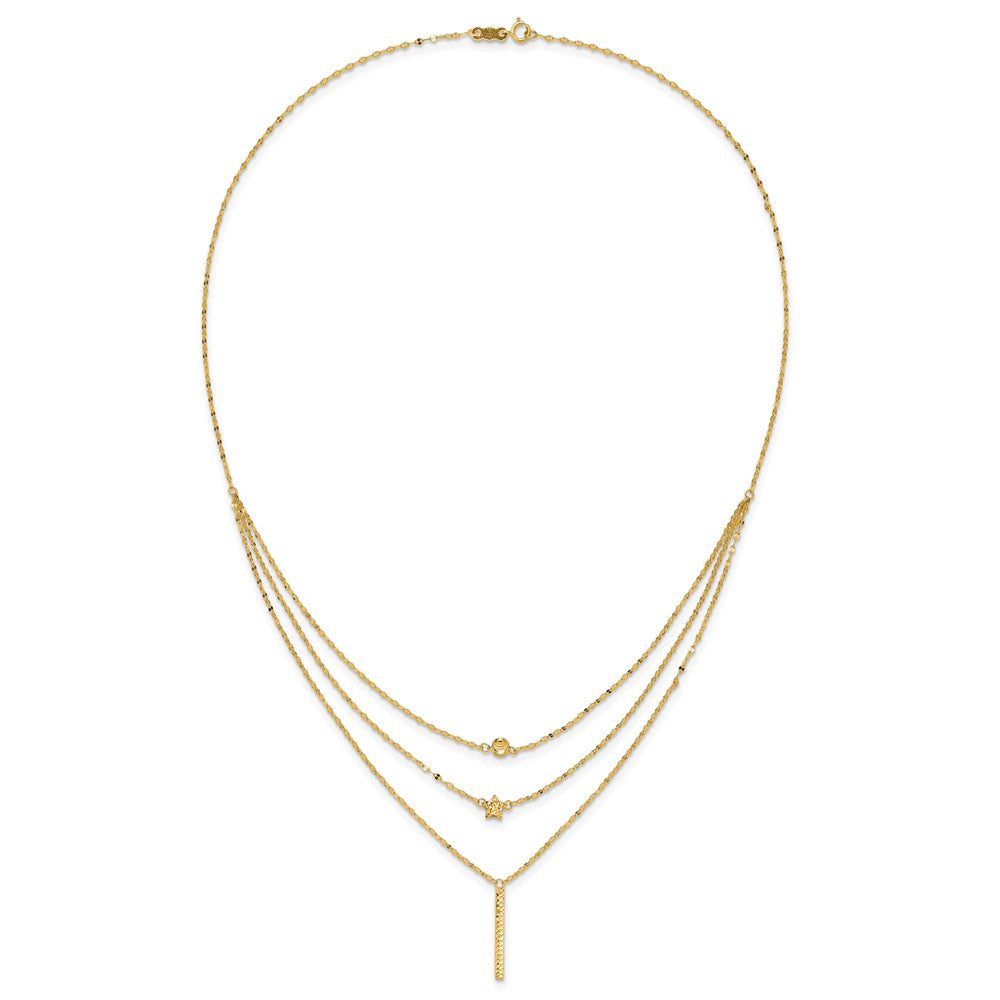 FJC Finejewelers 14 kt Yellow Gold Fancy Three Layer Bright Cut Bead/Star/Bar Necklace 18 Inches x 2 mm