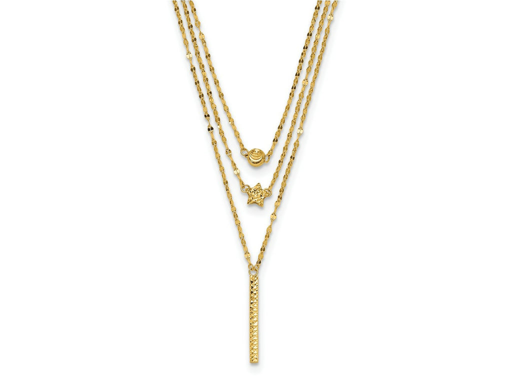 FJC Finejewelers 14 kt Yellow Gold Fancy Three Layer Bright Cut Bead/Star/Bar Necklace 18 Inches x 2 mm
