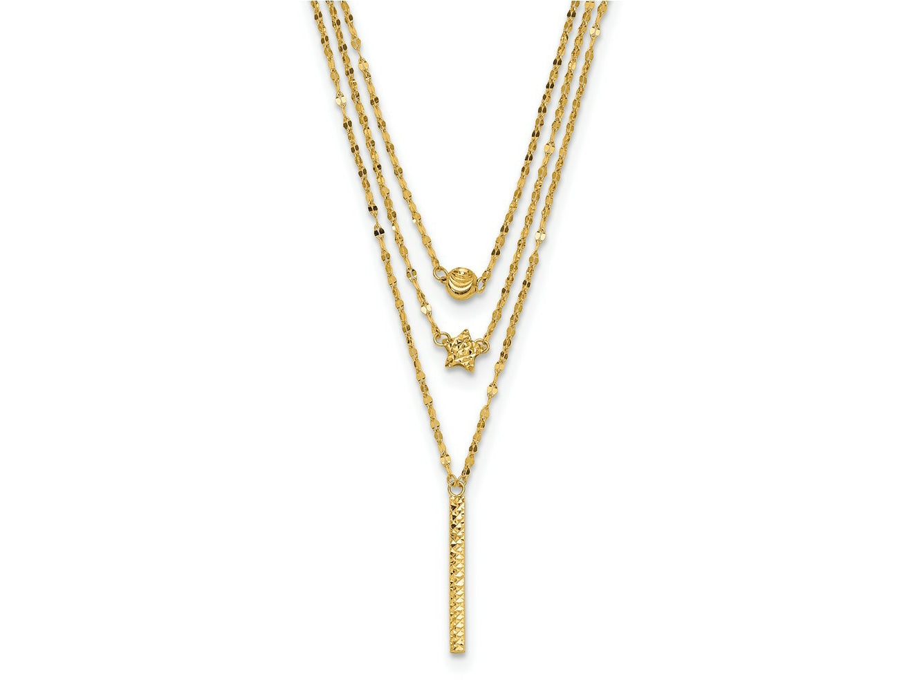 FJC Finejewelers 14 kt Yellow Gold Fancy Three Layer Bright Cut Bead/Star/Bar Necklace 18 Inches x 2 mm