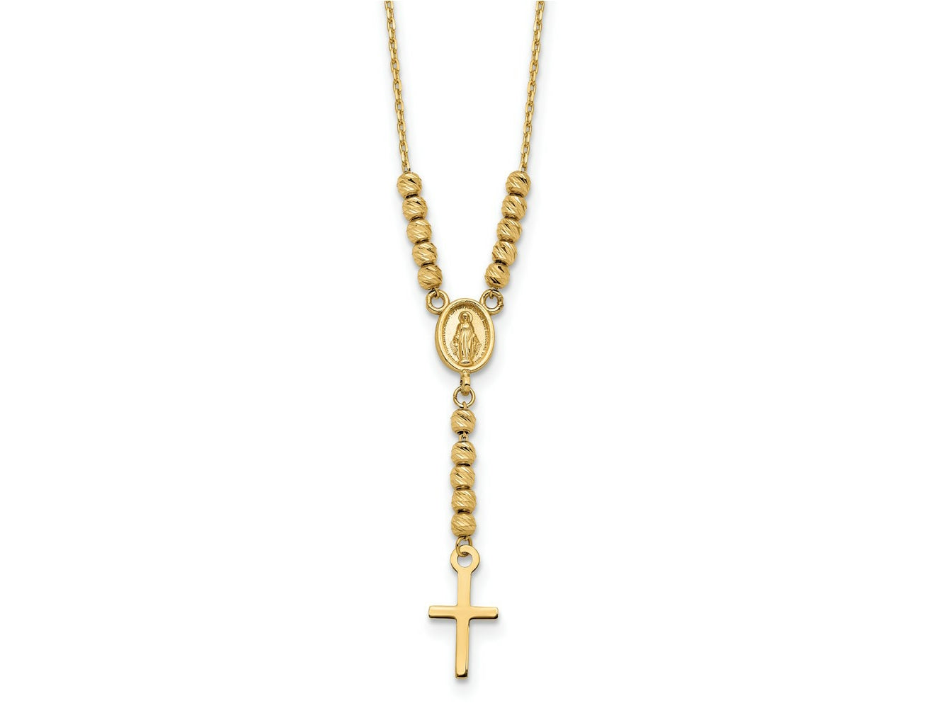 FJC Finejewelers 14 kt Yellow Gold Cable Bright Cut Bead Miraculous Medal and Cross Rosary Necklace 17 In