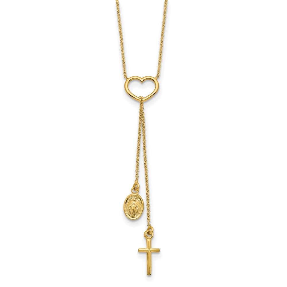 FJC Finejewelers 14 kt Yellow Gold Heart with Dangle Cross and Religious Medal Rosary Necklace 17 In