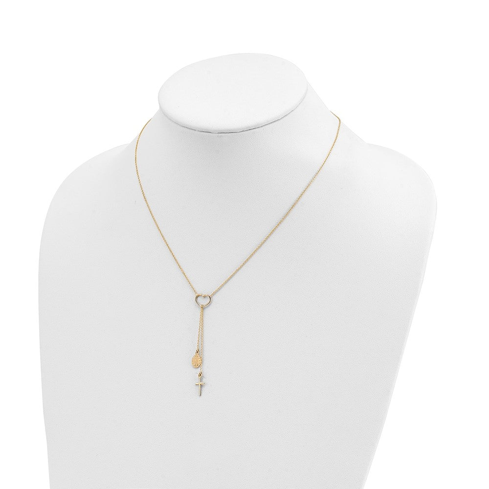FJC Finejewelers 14 kt Yellow Gold Heart with Dangle Cross and Religious Medal Rosary Necklace 17 In