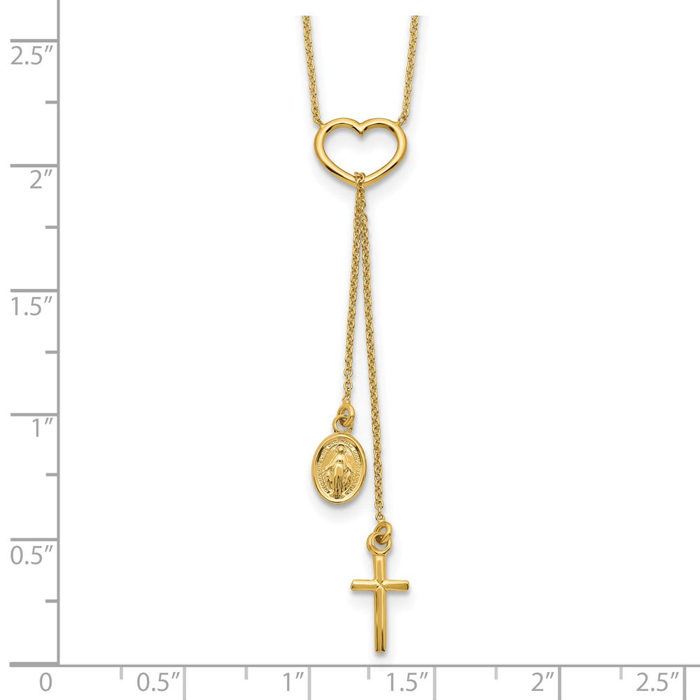 FJC Finejewelers 14 kt Yellow Gold Heart with Dangle Cross and Religious Medal Rosary Necklace 17 In