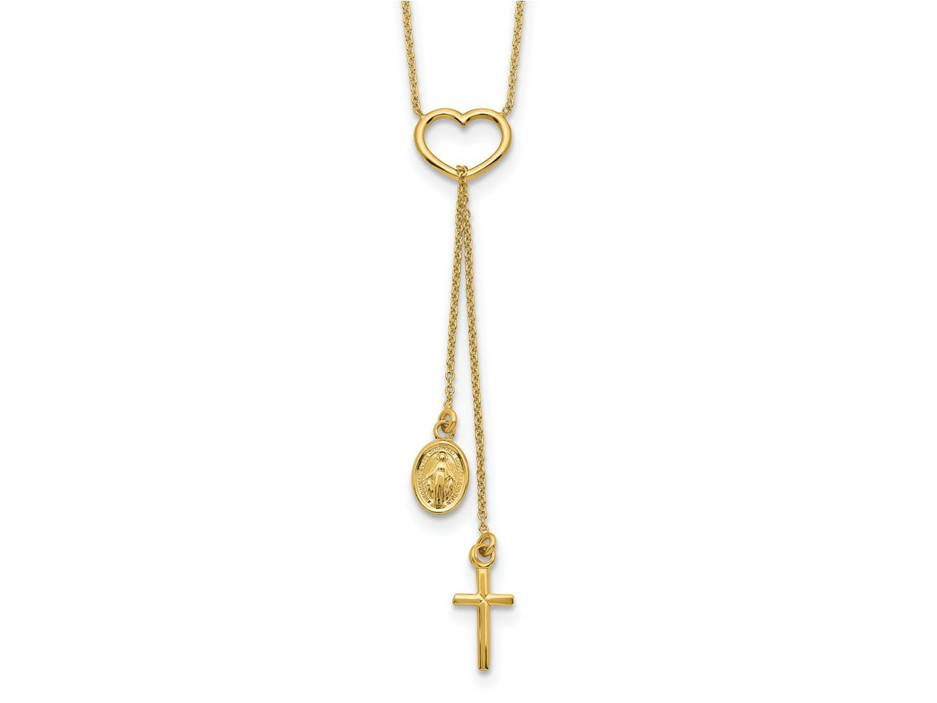 FJC Finejewelers 14 kt Yellow Gold Heart with Dangle Cross and Religious Medal Rosary Necklace 17 In
