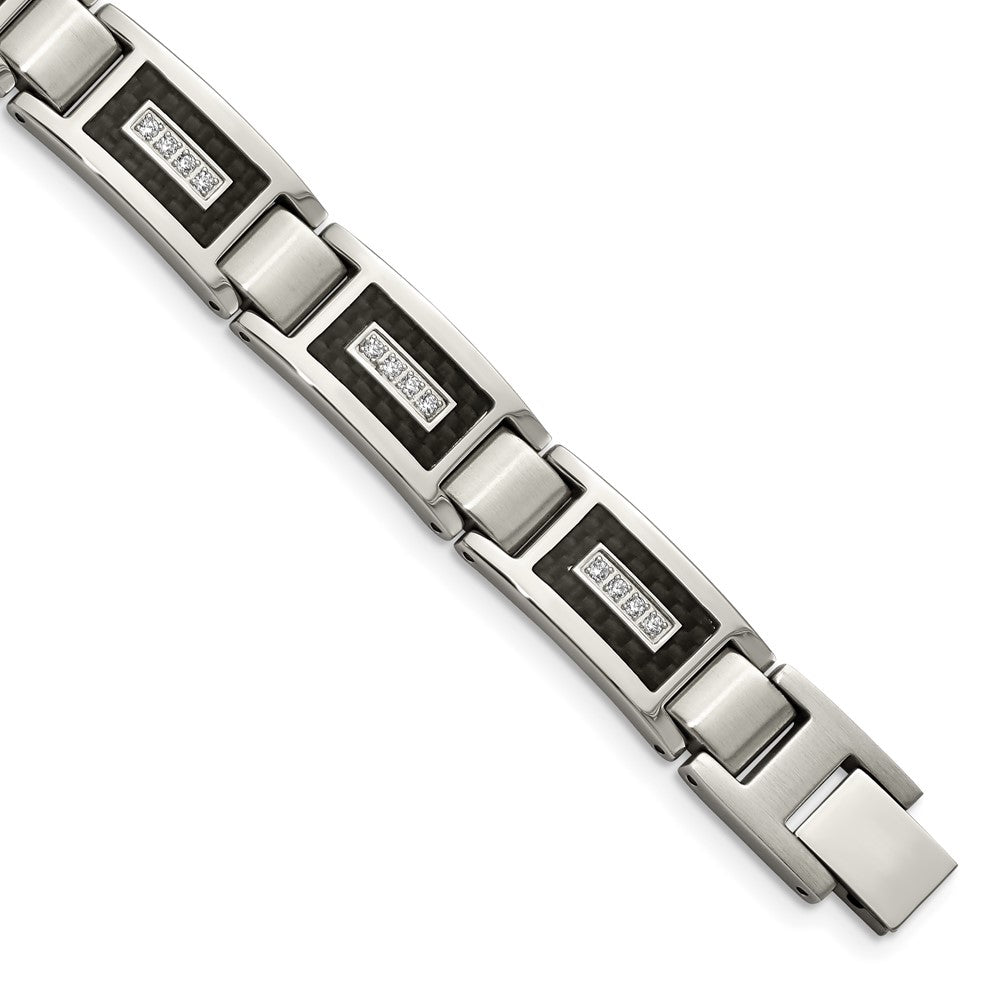 FJC Finejewelers Stainless Steel Link Brushed and with CZ Black Carbon Fiber Inlay Bracelet 8.75 Inches x 10.88 mm