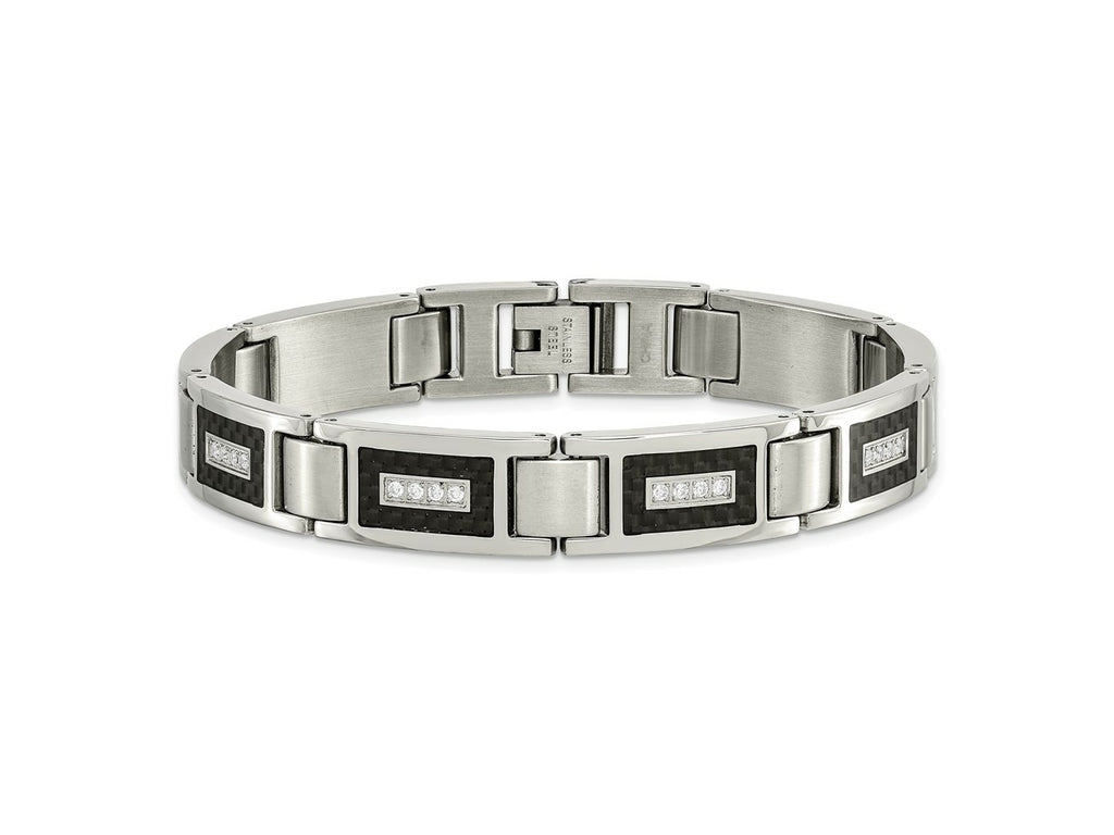FJC Finejewelers Stainless Steel Link Brushed and with CZ Black Carbon Fiber Inlay Bracelet 8.75 Inches x 10.88 mm