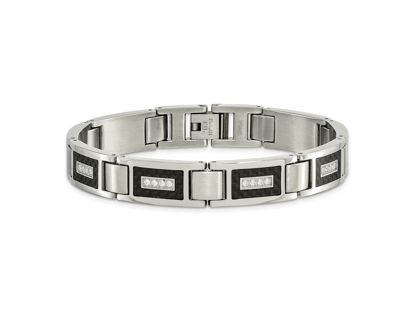 FJC Finejewelers Stainless Steel Link Brushed and with CZ Black Carbon Fiber Inlay Bracelet 8.75 Inches x 10.88 mm