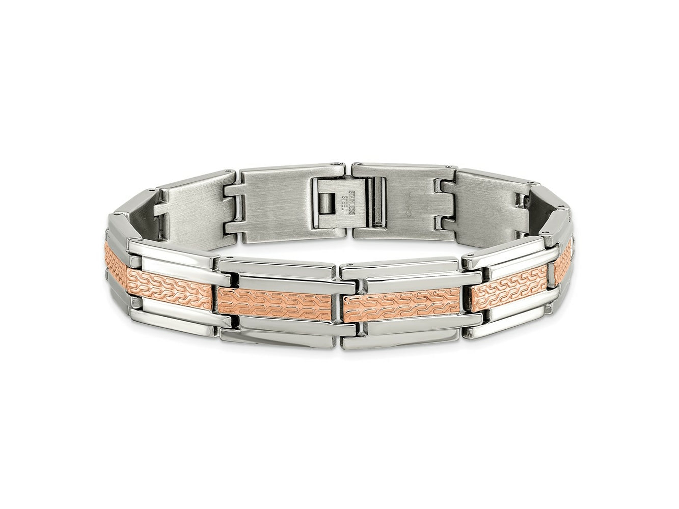 FJC Finejewelers Stainless Steel Link and Textured Rose IP-plated Bracelet 8.5 Inches x 12.16 mm