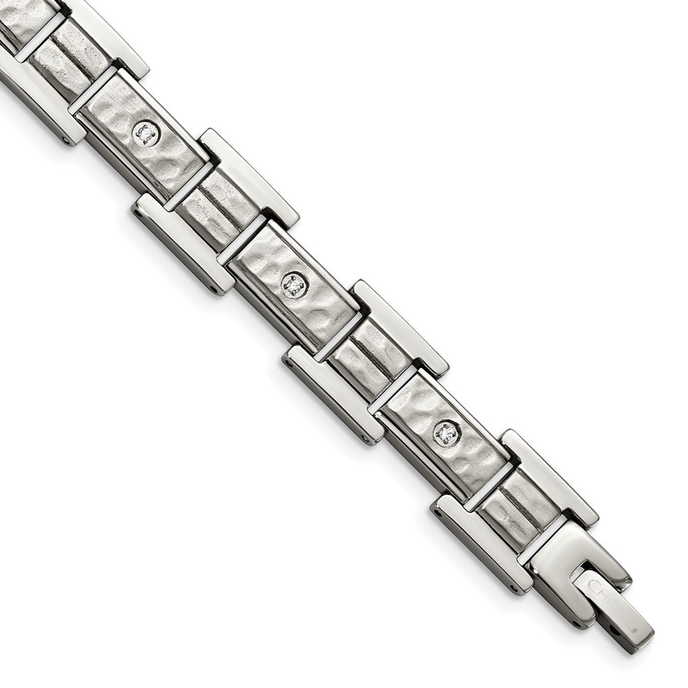 FJC Finejewelers Stainless Steel Link Brushed and Hammered with CZ Bracelet 8.5 Inches x 12.05 mm