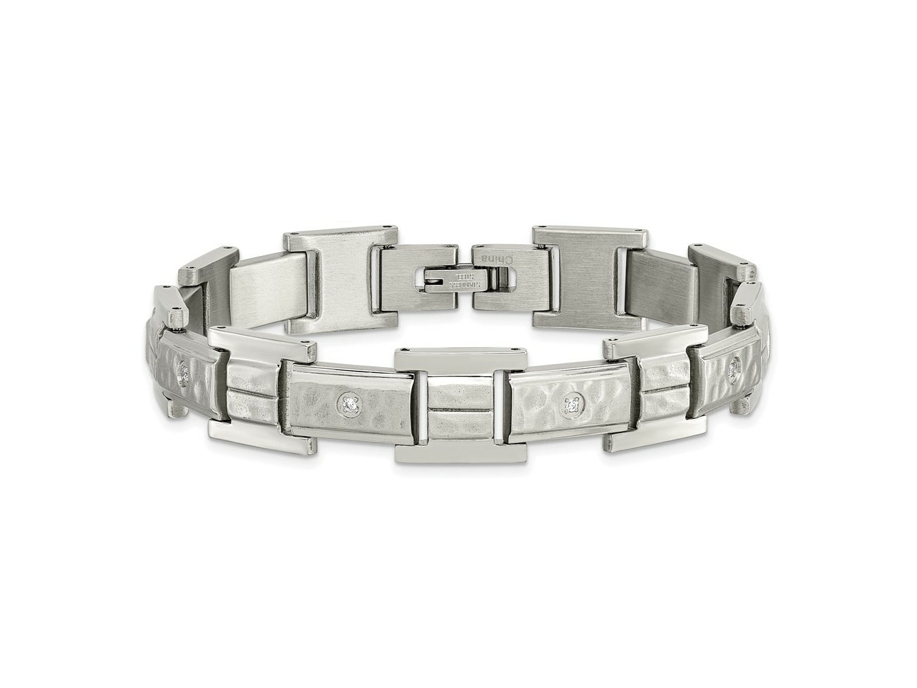 FJC Finejewelers Stainless Steel Link Brushed and Hammered with CZ Bracelet 8.5 Inches x 12.05 mm