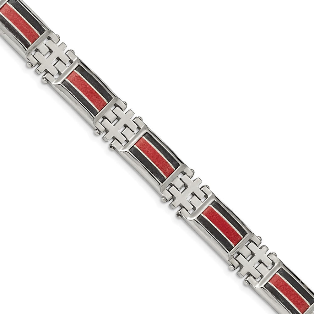 FJC Finejewelers Stainless Steel Link Black Carbon Fiber/Red Fiber Glass Inlay Bracelet 9.25 Inches x 13.87 mm
