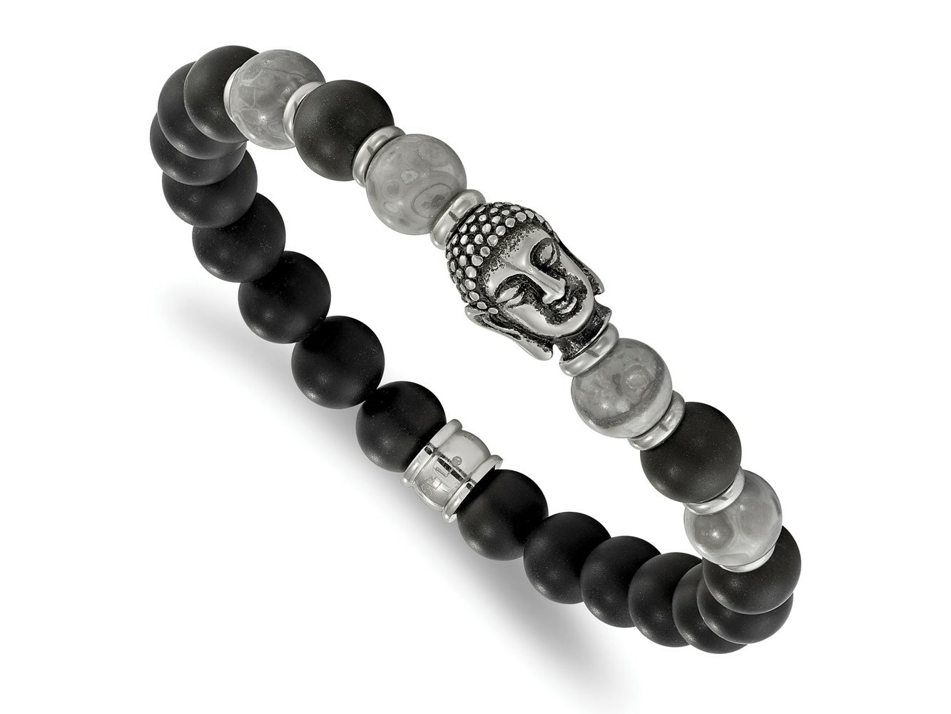 FJC Finejewelers Stainless Steel Natural Stone/Wood Antiqued Buddha Black Agate/Grey Jasper Stretch Bracelet 7.5 Inches