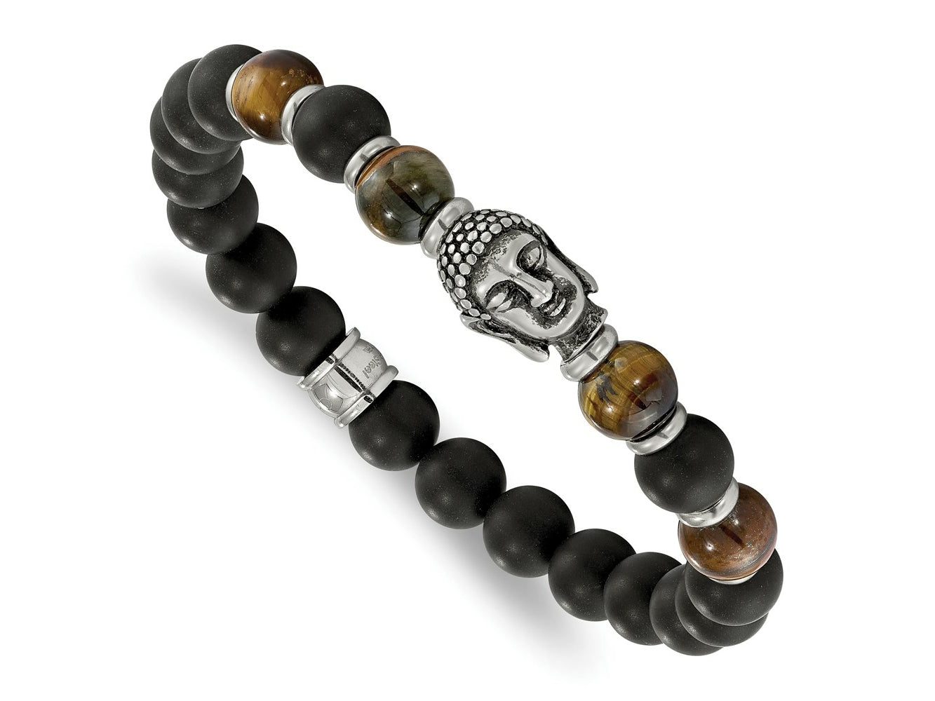 FJC Finejewelers Stainless Steel Natural Stone/Wood Antiqued Buddha Black Agate Tiger Eye Stretch Bracelet 7.5 Inches x