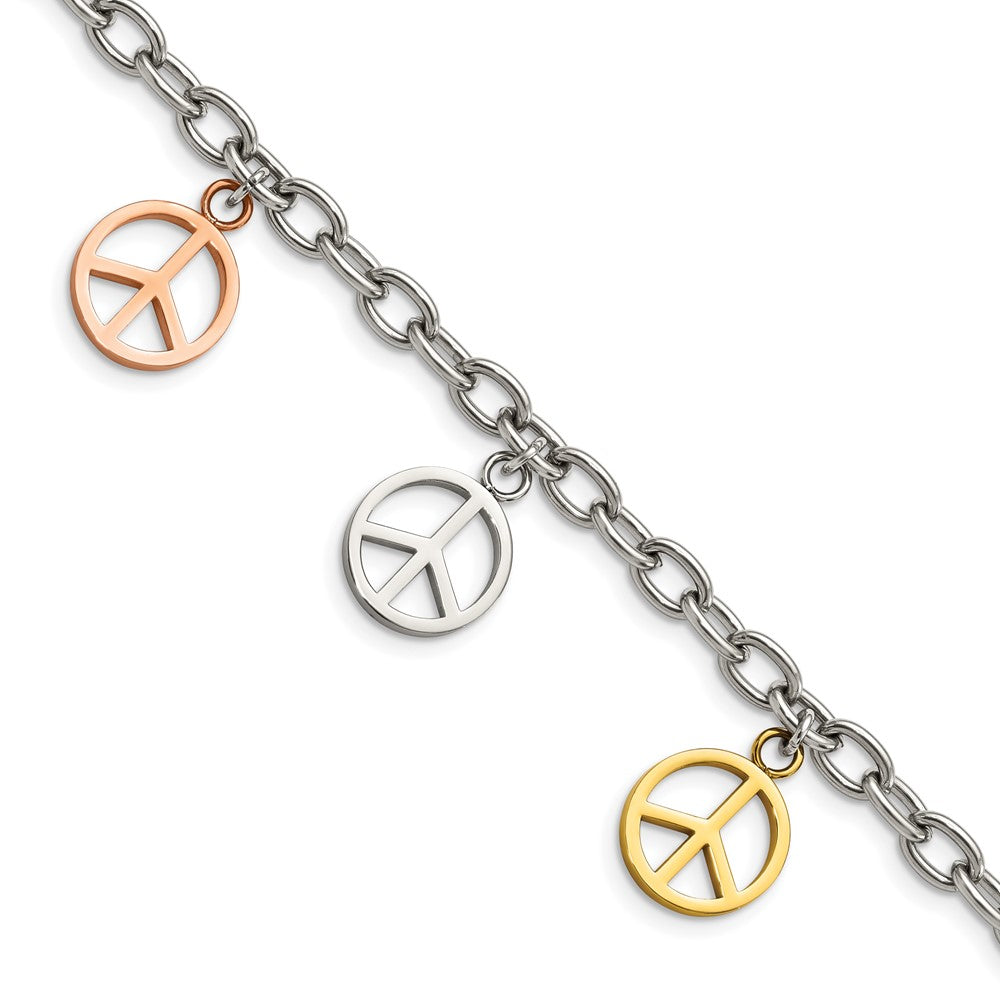 FJC Finejewelers Stainless Steel Bracelets with Station Polished Rose and Yellow IP Peace Sign Charms 8.