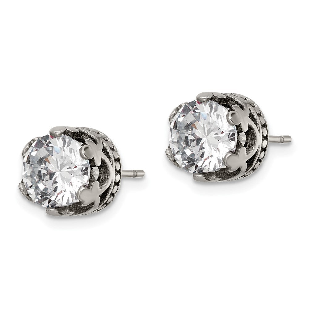 FJC Finejewelers Stainless Steel Stud Antiqued and Polished with CZ Crown Post Earrings 9 x 9 mm
