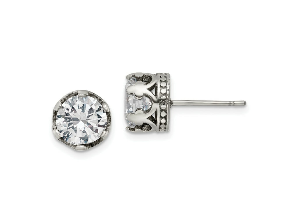 FJC Finejewelers Stainless Steel Stud Antiqued and Polished with CZ Crown Post Earrings 9 x 9 mm