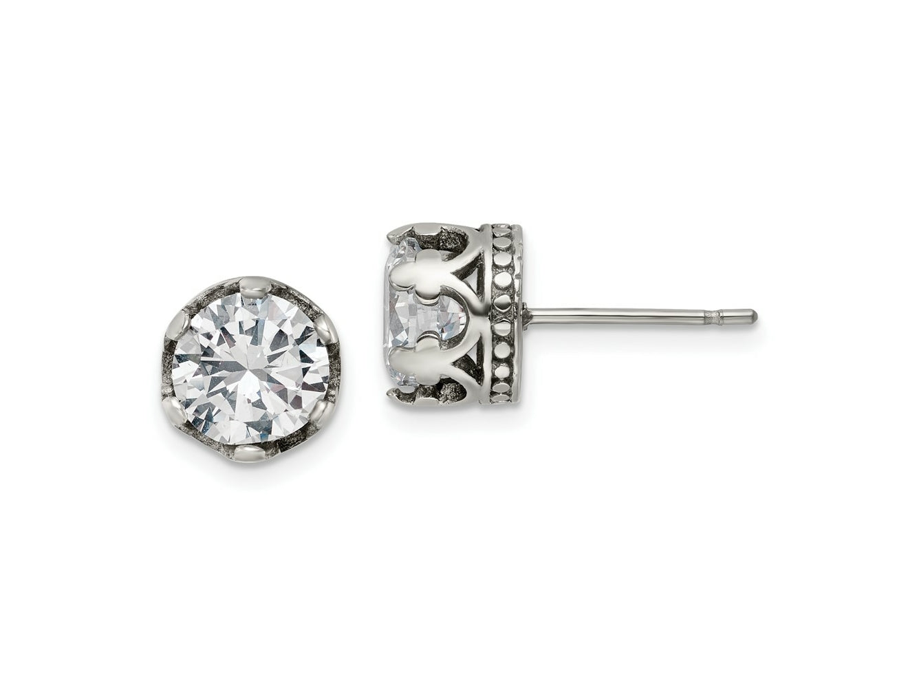 FJC Finejewelers Stainless Steel Stud Antiqued and Polished with CZ Crown Post Earrings 9 x 9 mm