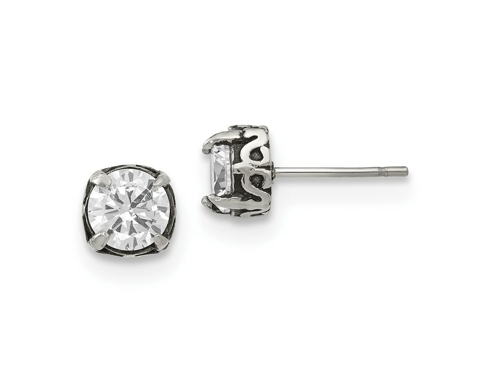 FJC Finejewelers Stainless Steel Stud Antiqued and Polished CZ Post Earrings 8 x 8 mm