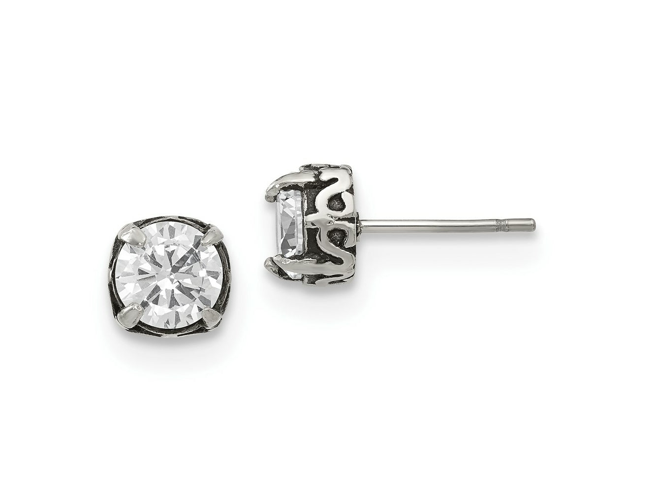 FJC Finejewelers Stainless Steel Stud Antiqued and Polished CZ Post Earrings 8 x 8 mm