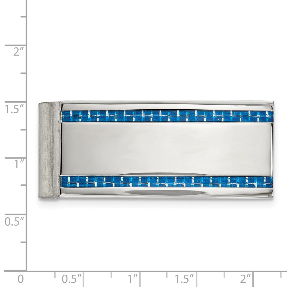 FJC Finejewelers Stainless Steel Polished Blue Carbon Fiber Inlay Money Clip 53 x 22 mm