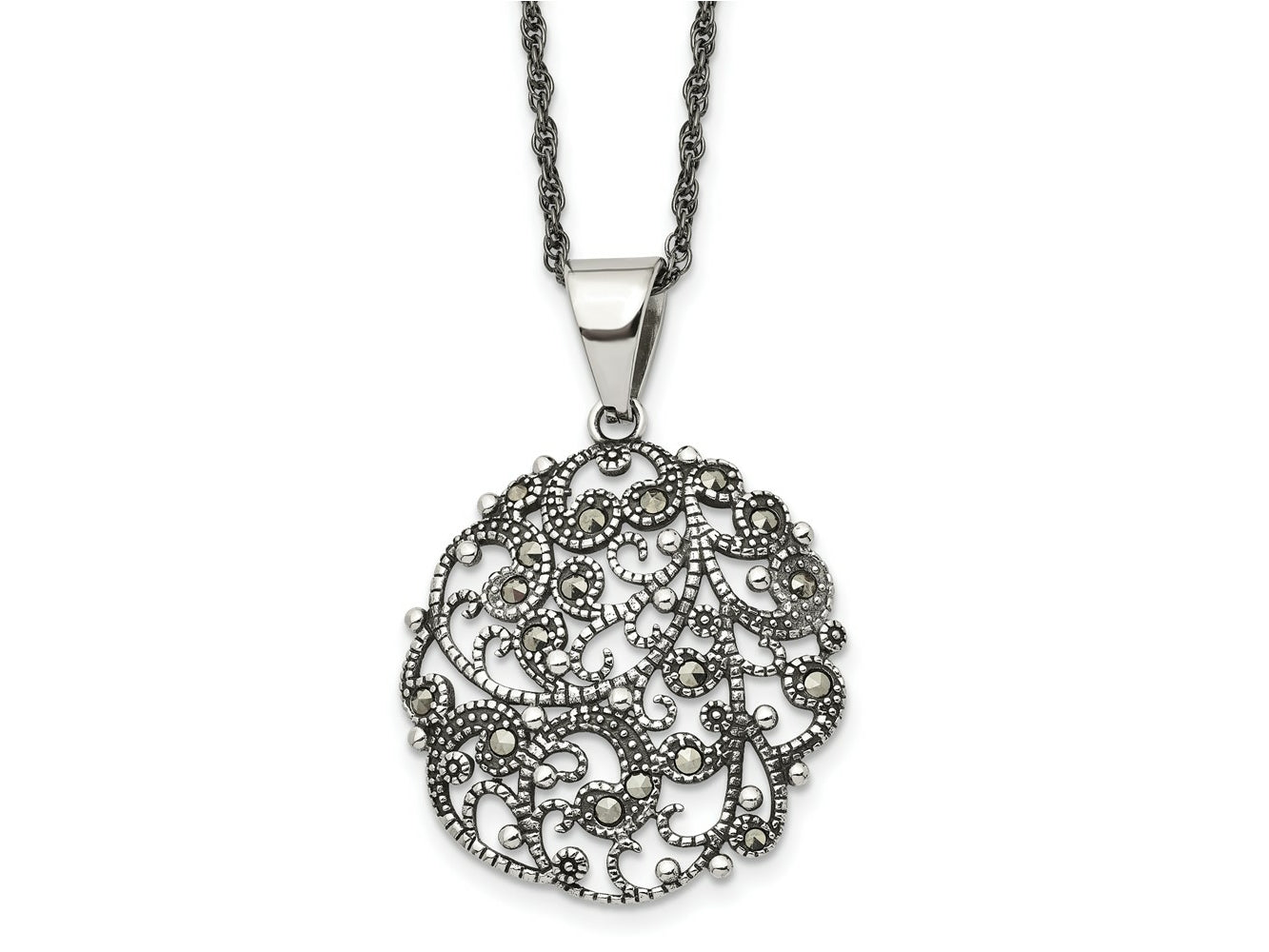 FJC Finejewelers Stainless Steel Fancy Antiqued and Marcasite Circle 20in Necklace 20 Inches x 32 mm