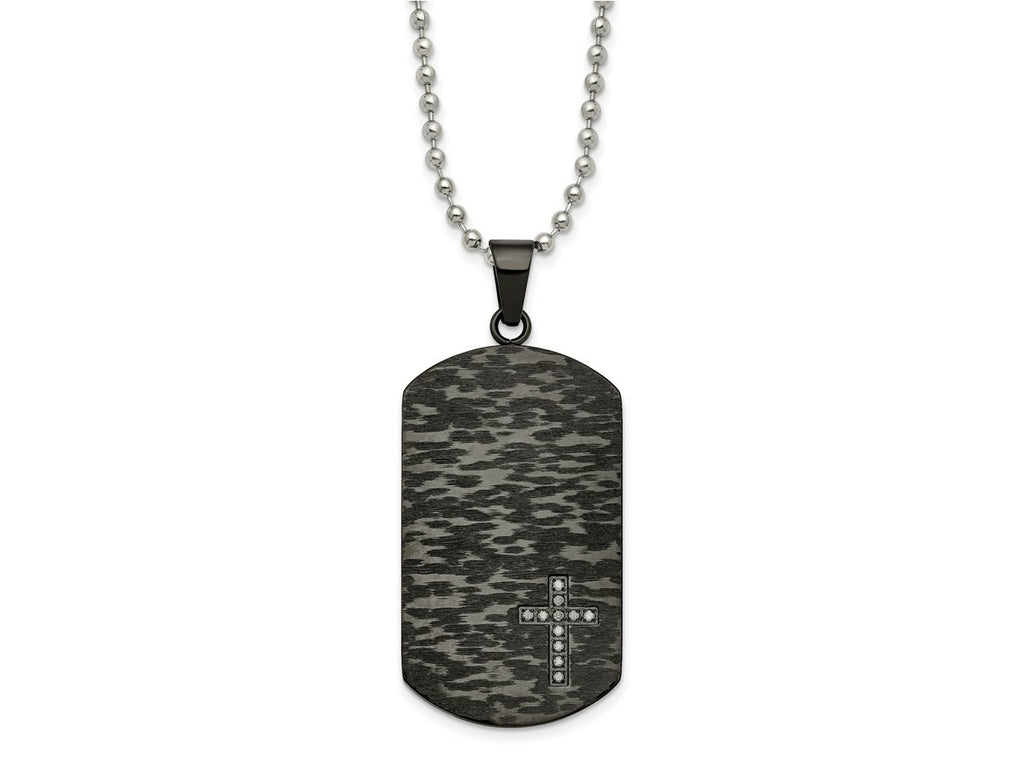 FJC Finejewelers Stainless Steel Ball Polished/Brushed IP-plated 1/10ct.tw Dia Dog Tag Necklace 24 Inches x 26.31 mm