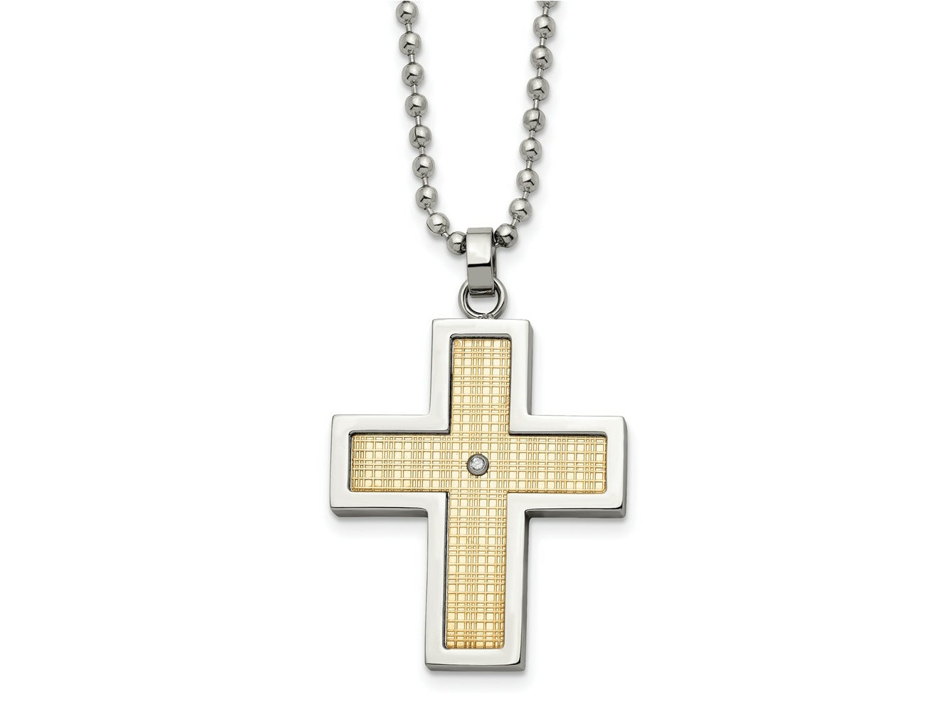 Chisel Sterling Silver and Stainless Steel Polished w/18k Accent and .02ct Diamond Cross Necklace