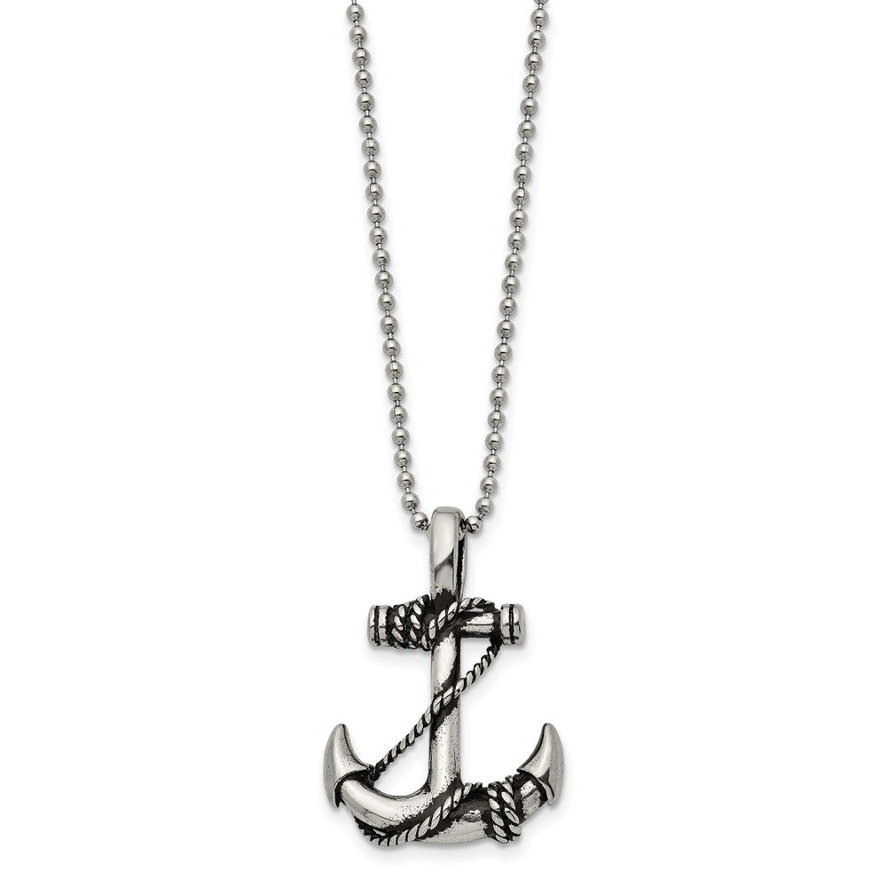 FJC Finejewelers Stainless Steel Ball Antiqued and Polished Anchor 22in Necklace 22 Inches x 24.88 mm