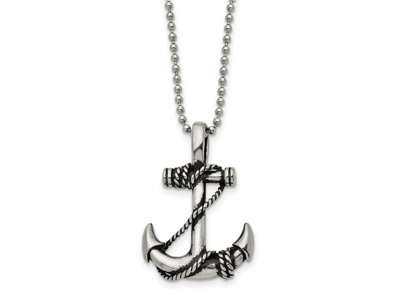 FJC Finejewelers Stainless Steel Ball Antiqued and Polished Anchor 22in Necklace 22 Inches x 24.88 mm