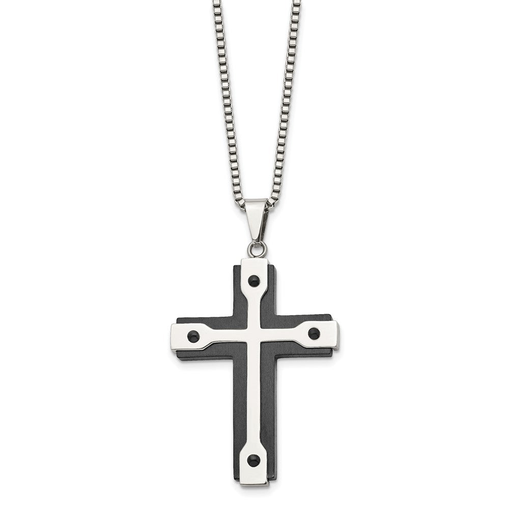 FJC Finejewelers Stainless Steel Box Brushed and Black IP-plated Cross 22in Necklace 22 Inches x 35 mm