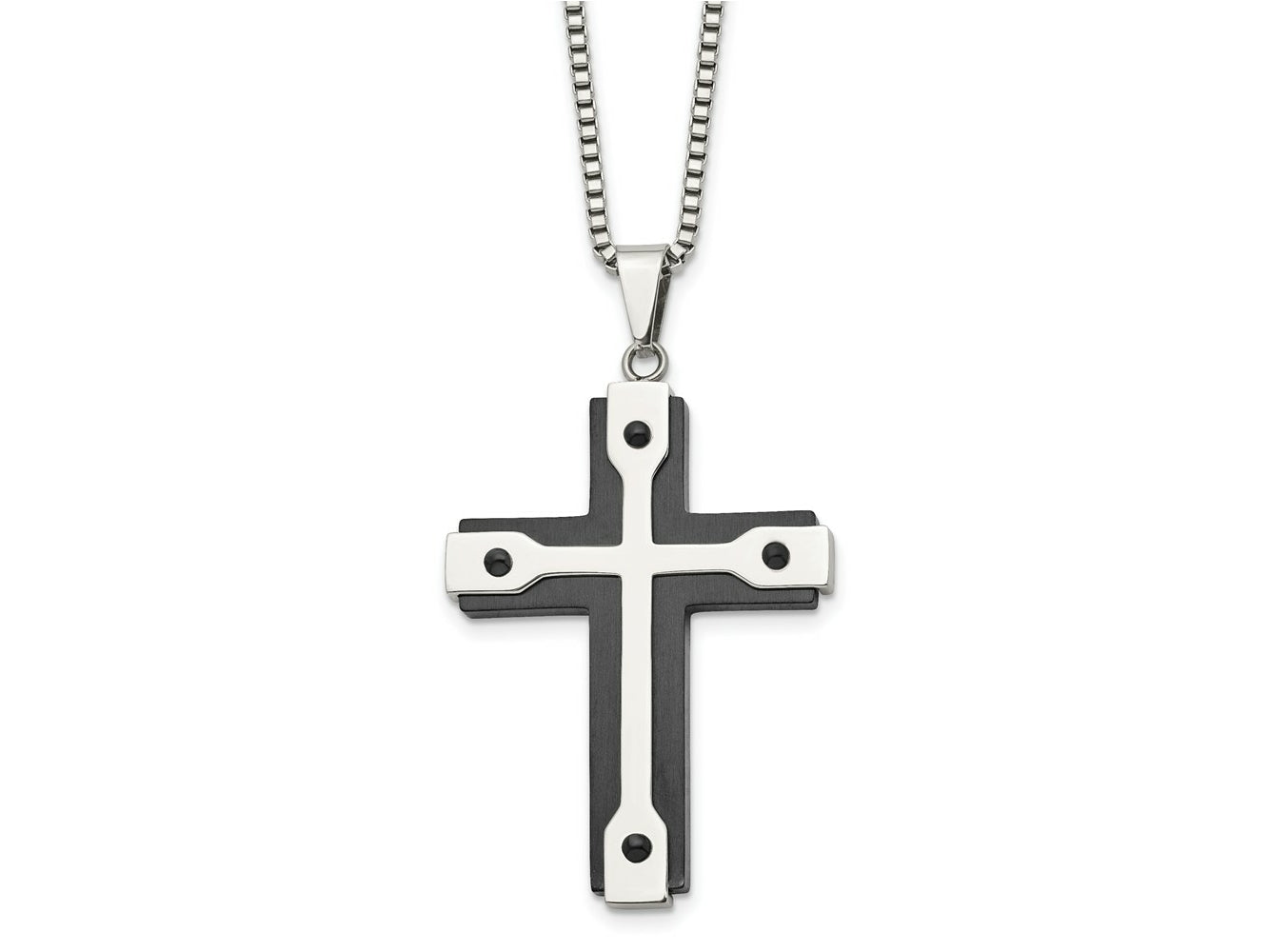 FJC Finejewelers Stainless Steel Box Brushed and Black IP-plated Cross 22in Necklace 22 Inches x 35 mm