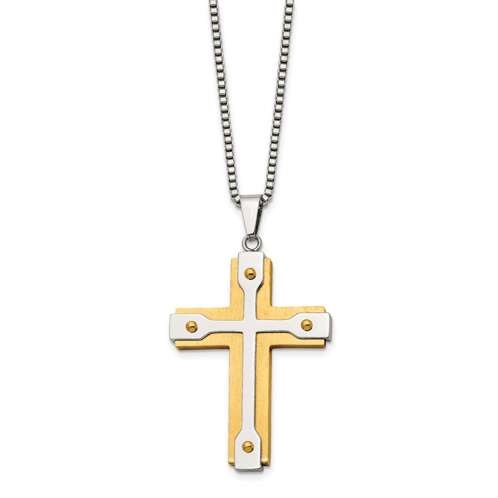 FJC Finejewelers Stainless Steel Brushed and Yellow IP-plated Cross Necklace 22 Inches x 35 mm
