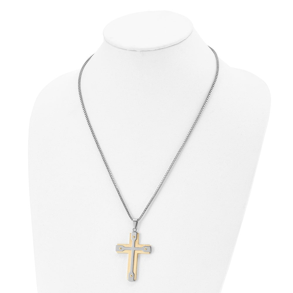 FJC Finejewelers Stainless Steel Brushed and Yellow IP-plated Cross Necklace 22 Inches x 35 mm