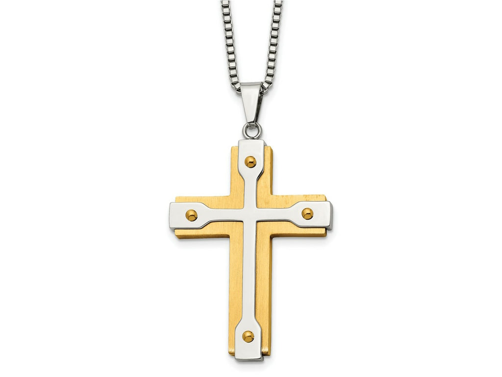 FJC Finejewelers Stainless Steel Brushed and Yellow IP-plated Cross Necklace 22 Inches x 35 mm
