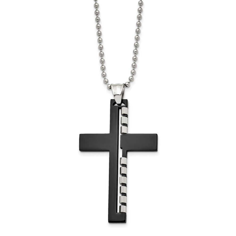 FJC Finejewelers Stainless Steel Ball Black IP-plated Cut out Cross 22in Necklace 22 Inches x 35 mm