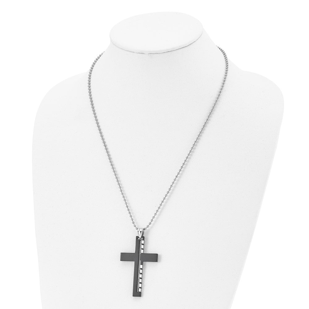 FJC Finejewelers Stainless Steel Ball Black IP-plated Cut out Cross 22in Necklace 22 Inches x 35 mm