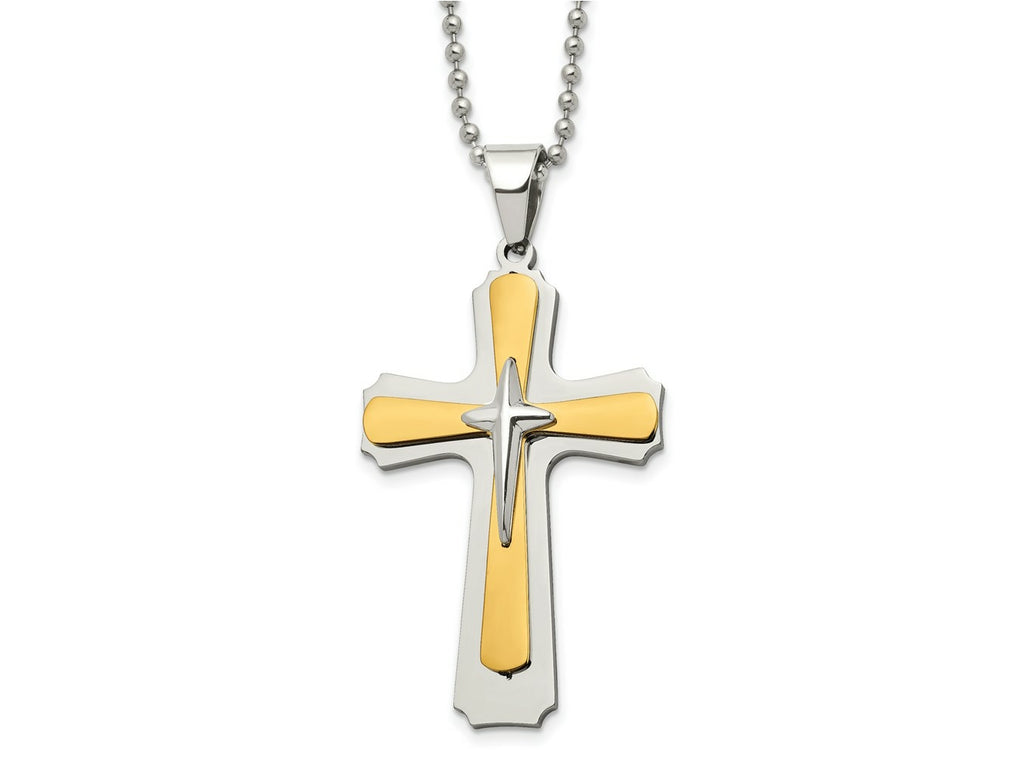 FJC Finejewelers Stainless Steel Ball Yellow IP-plated Cross 22in Necklace 22 Inches x 34 mm