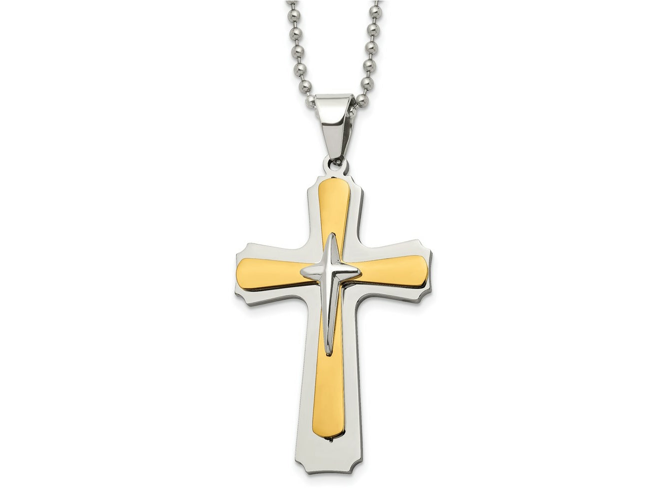 FJC Finejewelers Stainless Steel Ball Yellow IP-plated Cross 22in Necklace 22 Inches x 34 mm