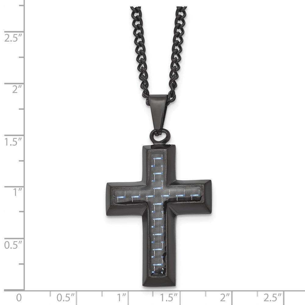 FJC Finejewelers Stainless Steel Curb Black IP with Blue Carbon Fiber Inlay Cross Necklace 24 Inches x 2