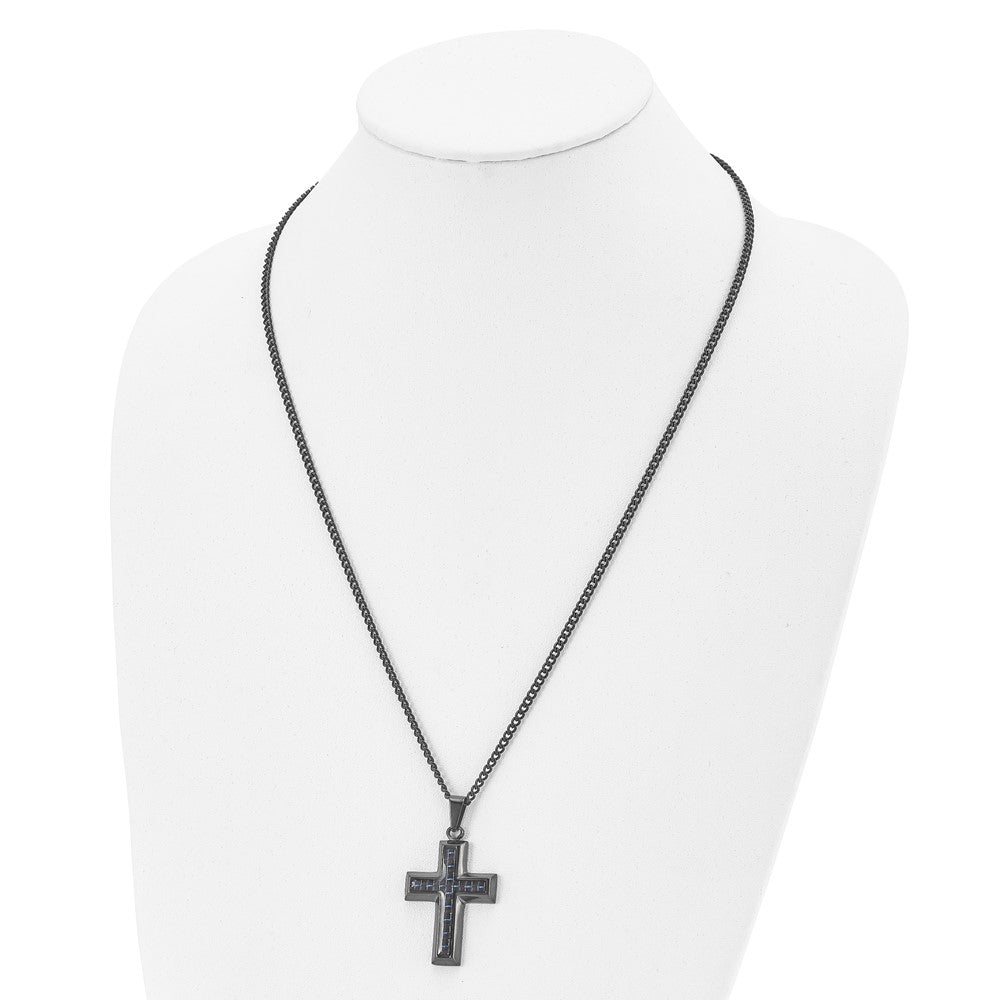 FJC Finejewelers Stainless Steel Curb Black IP with Blue Carbon Fiber Inlay Cross Necklace 24 Inches x 2
