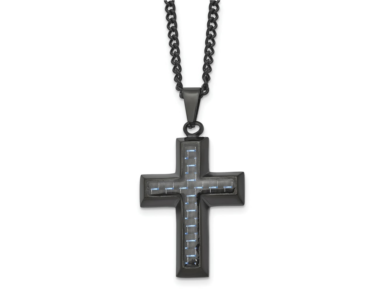 FJC Finejewelers Stainless Steel Curb Black IP with Blue Carbon Fiber Inlay Cross Necklace 24 Inches x 2