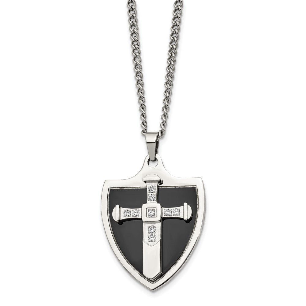 FJC Finejewelers Stainless Steel Black IP-plated with CZ Cross Shield 24in Necklace 24 Inches x 28 mm