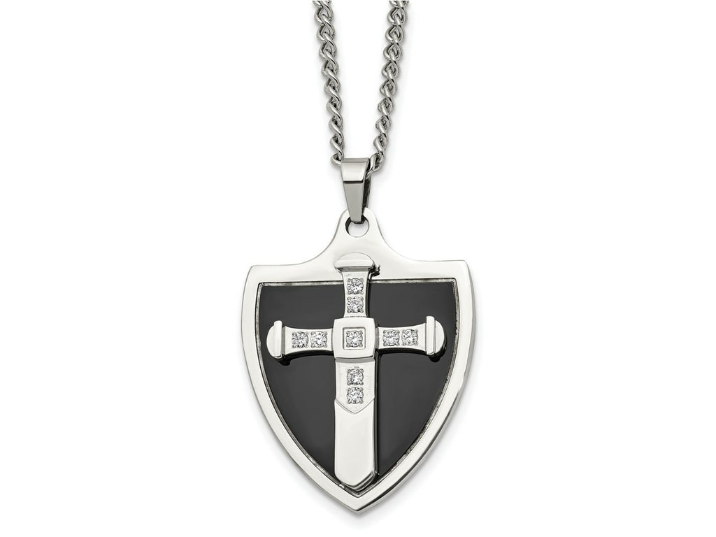 FJC Finejewelers Stainless Steel Black IP-plated with CZ Cross Shield 24in Necklace 24 Inches x 28 mm