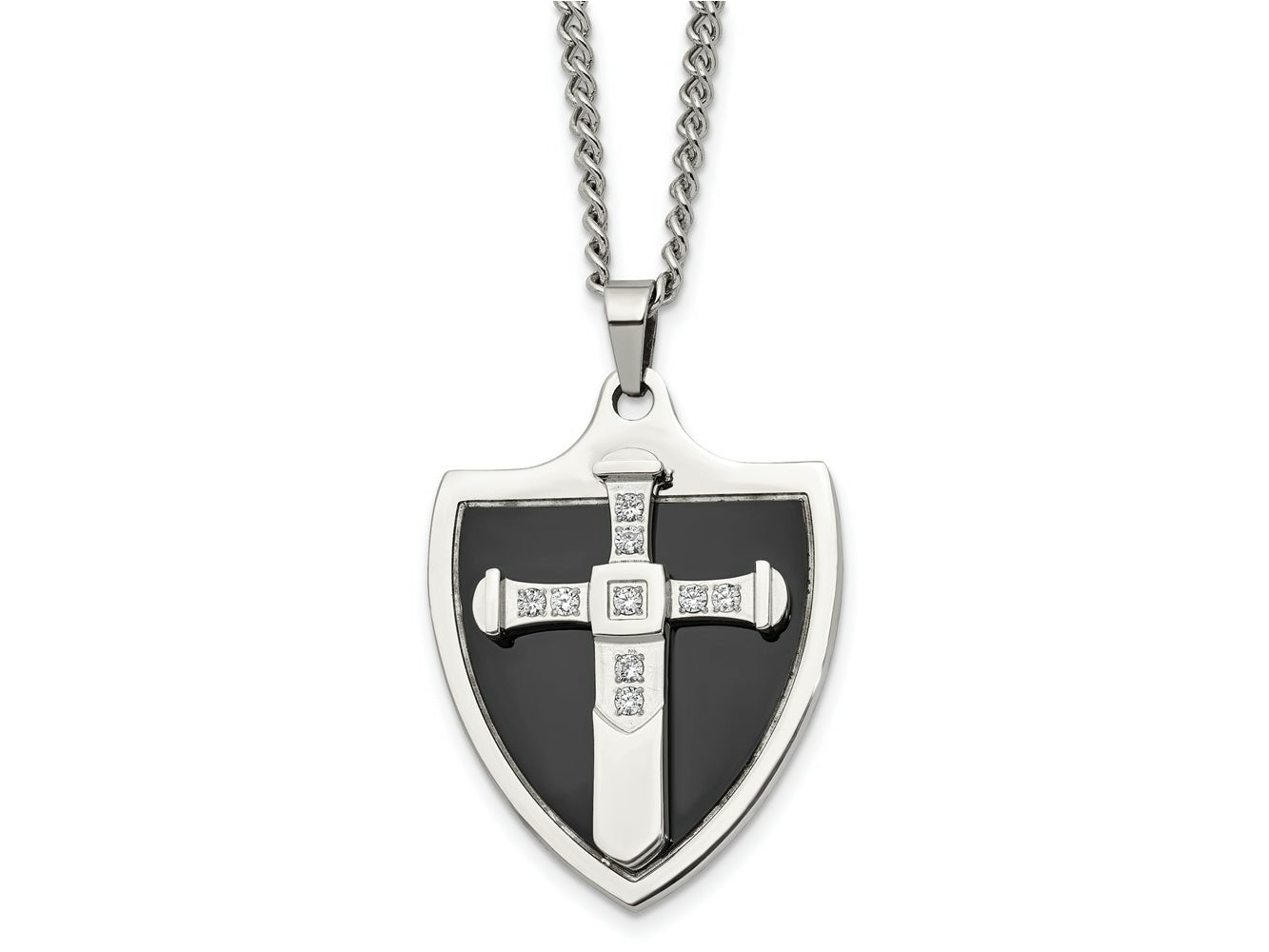 FJC Finejewelers Stainless Steel Black IP-plated with CZ Cross Shield 24in Necklace 24 Inches x 28 mm